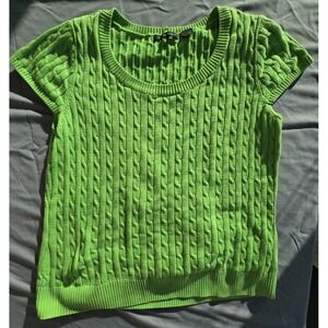 Jeanne Pierre Cable Knit Sweater Short Sleeve Size L Green Preppy Old Money Boho